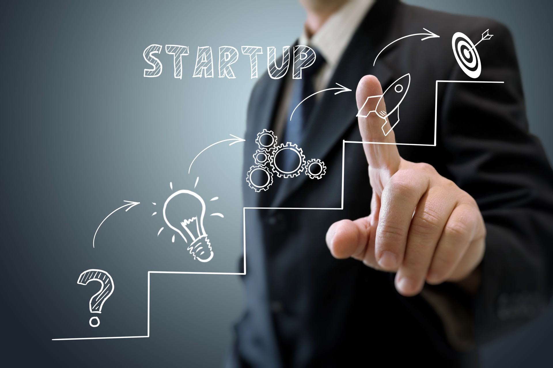 Businessman creative idea innovation business startup ladder of success