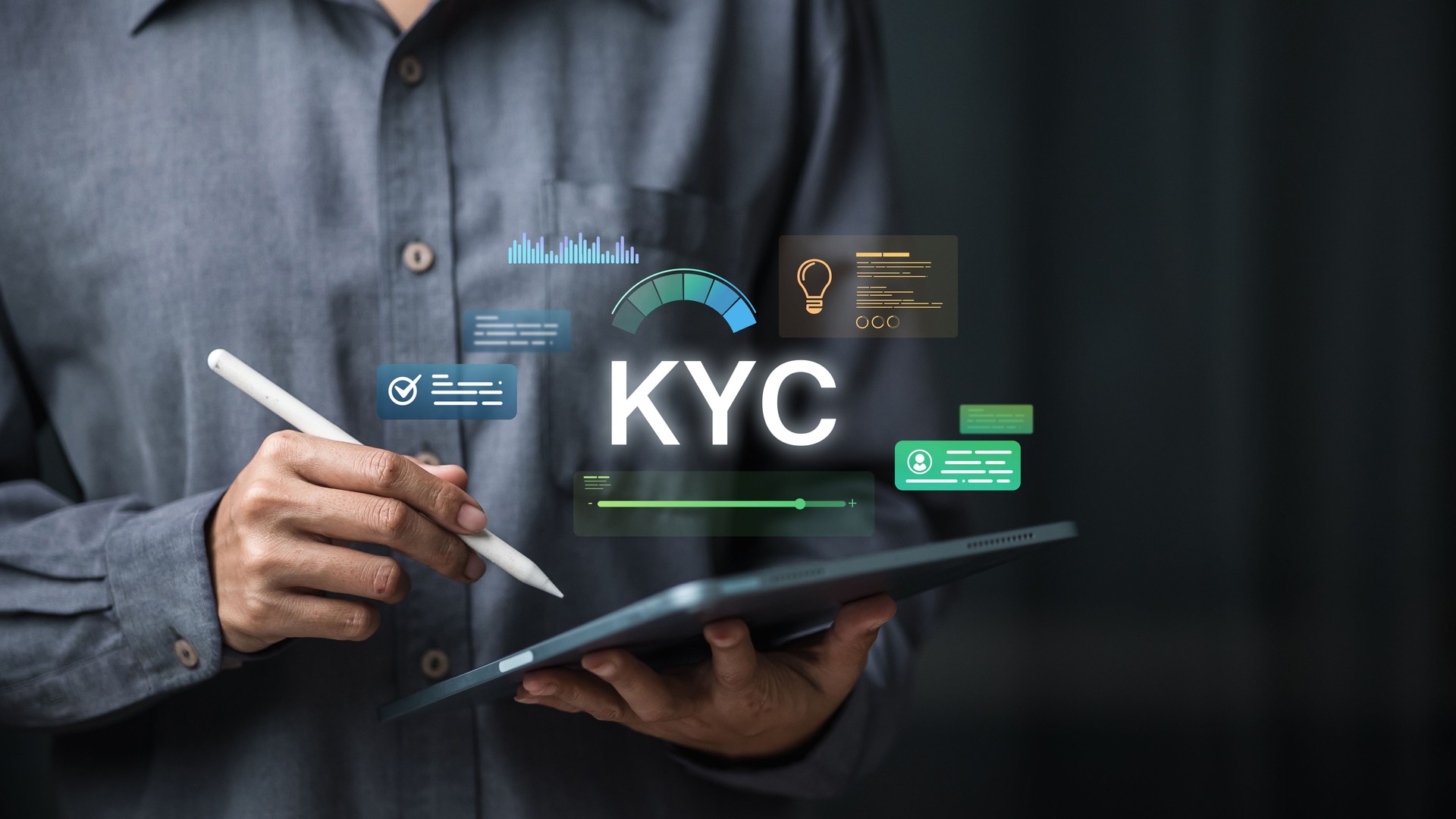KYC verification concept with digital hologram interface for customer identification and fintech compliance